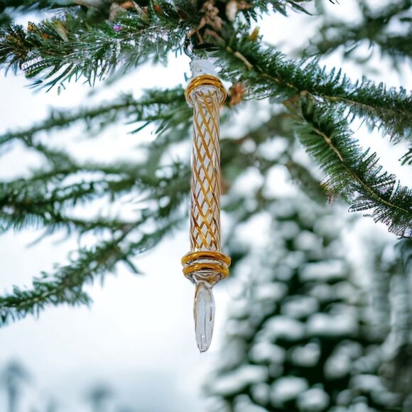 Oversized Egyptian Glass Teardrop Ornament Plaid Gold White Xmas 8.5” Holiday De - Picture 1 of 6